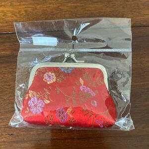 Asian Floral Brocade Kiss Lock Coin Purse Red Background - New No Tag
